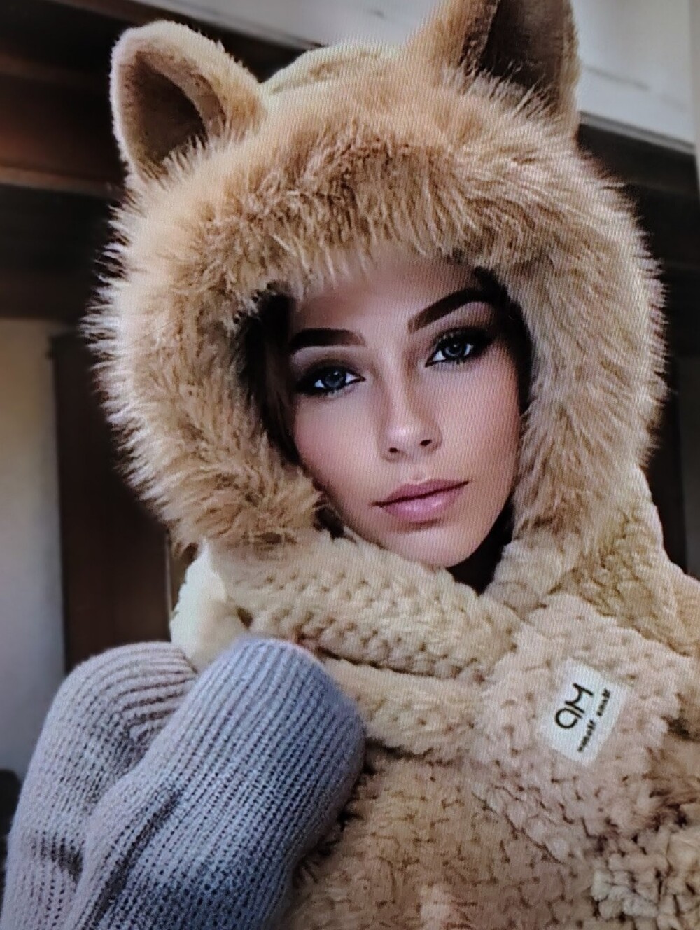Plush Faux Fur Fox Ear Cozy Hat Scarf Combo Cross-tie Tan Nutria Playful Hood